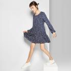 Women's Floral Print Long Sleeve Round Neck Tiered Babydoll Mini Dress - Wild Fable Navy Xl, Women's, Blue