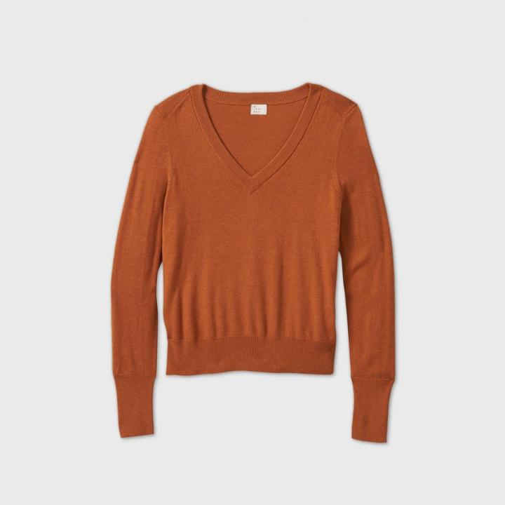 Women's V-neck Pullover Sweater - A New Day Rust