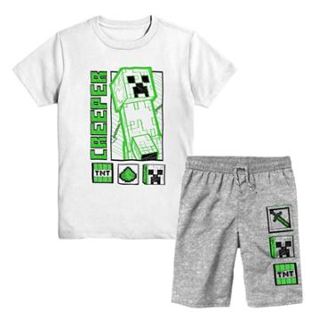Boys' Minecraft 2pc Top And Shorts Set - White/heather Gray