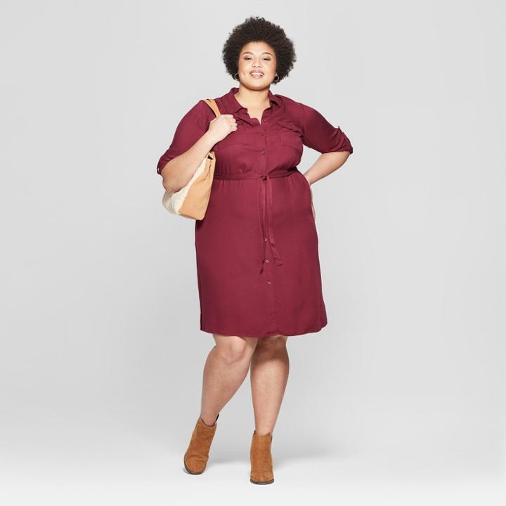 Women's Plus Size Long Sleeve Collared Shirt Dress - Ava & Viv Burgundy (red)