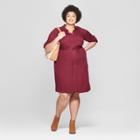 Women's Plus Size Long Sleeve Collared Shirt Dress - Ava & Viv Burgundy (red)