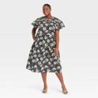 Women's Plus Size Floral Print Flutter Short Sleeve A-line Dress - Who What Wear Black /white