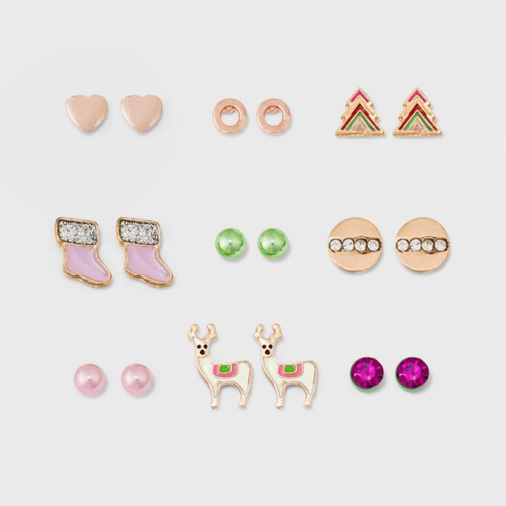 Target Heart, Simulated Pearl, Bezel Stone, Stocking, And Llama Button Earring Set 9ct,