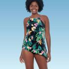 Women's Slimming Control High Neck Tankini Top - Dreamsuit By Miracle Brands Black Floral Print