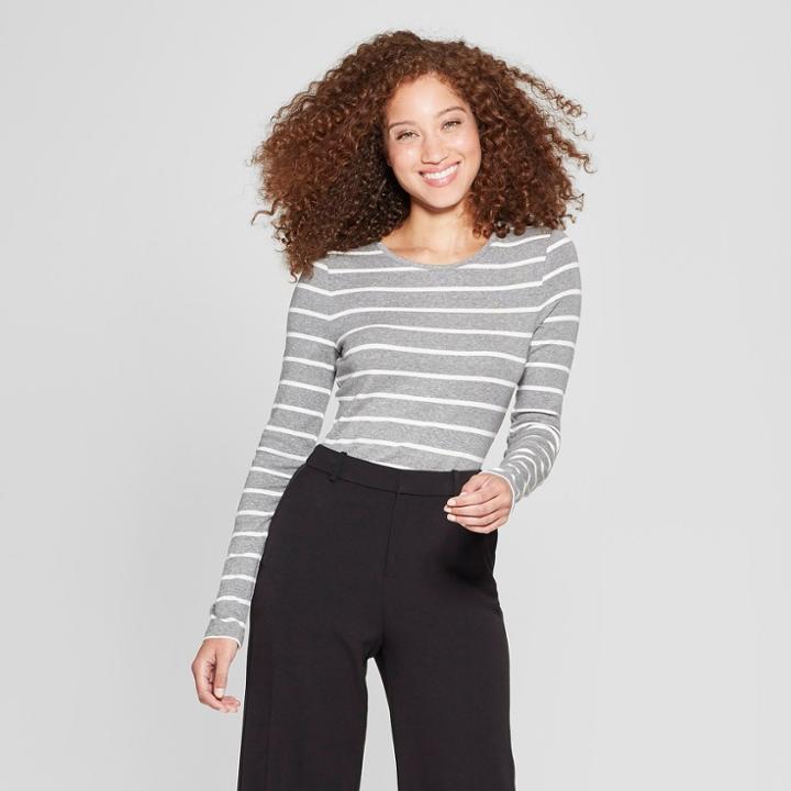 Target Women's Striped Long Sleeve Fitted Crew T-shirt - A New Day Heather Gray/white