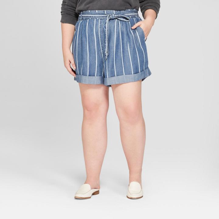 Women's Plus Size Striped Tie Waist Shorts - Universal Thread Medium Wash X, Blue