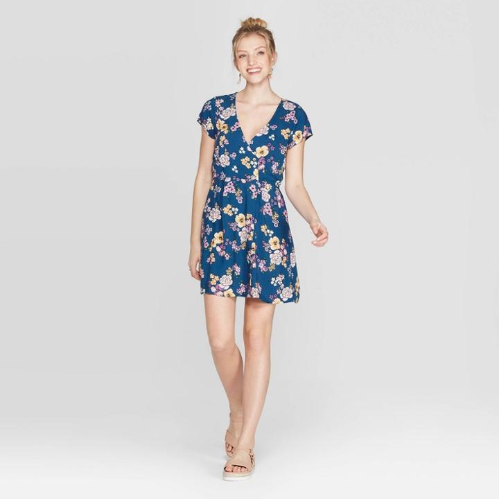 Women's Floral Print Short Sleeve V-neck Button-down Wrap Dress - Xhilaration Navy