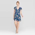 Women's Floral Print Short Sleeve V-neck Button-down Wrap Dress - Xhilaration Navy