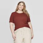 Women's Plus Size Short Sleeve Crewneck Rib T-shirt - Ava & Viv Brown X
