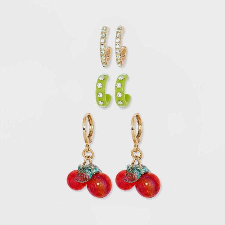 Cherry And Cubic Zirconia Hoop Earring Set 3pc - Wild Fable