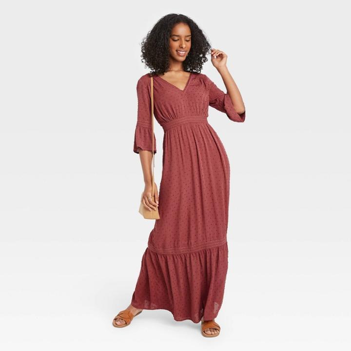 Women's 3/4 Sleeve Clip Dot Dress - Knox Rose Burgundy