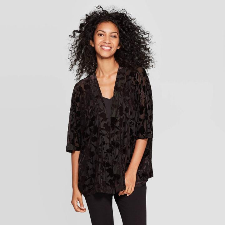Women's Velvet Kimono - A New Day Black One Size, Women's, Osfm
