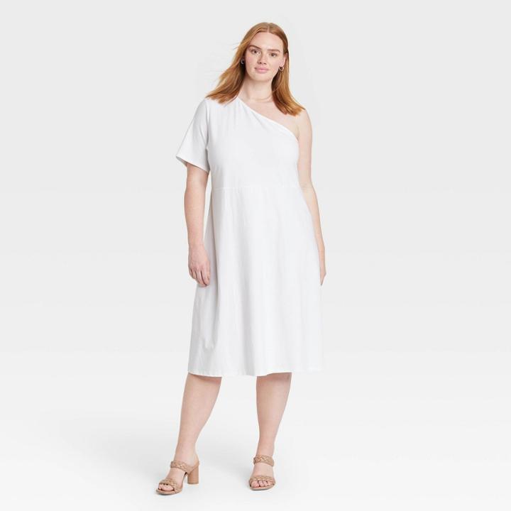 Women's Plus Size Elbow Sleeve One Shoulder Knit Dress - Who What Wear White