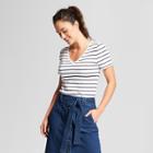 Women's Striped Fitted Short Sleeve V-neck T-shirt - A New Day White/navy