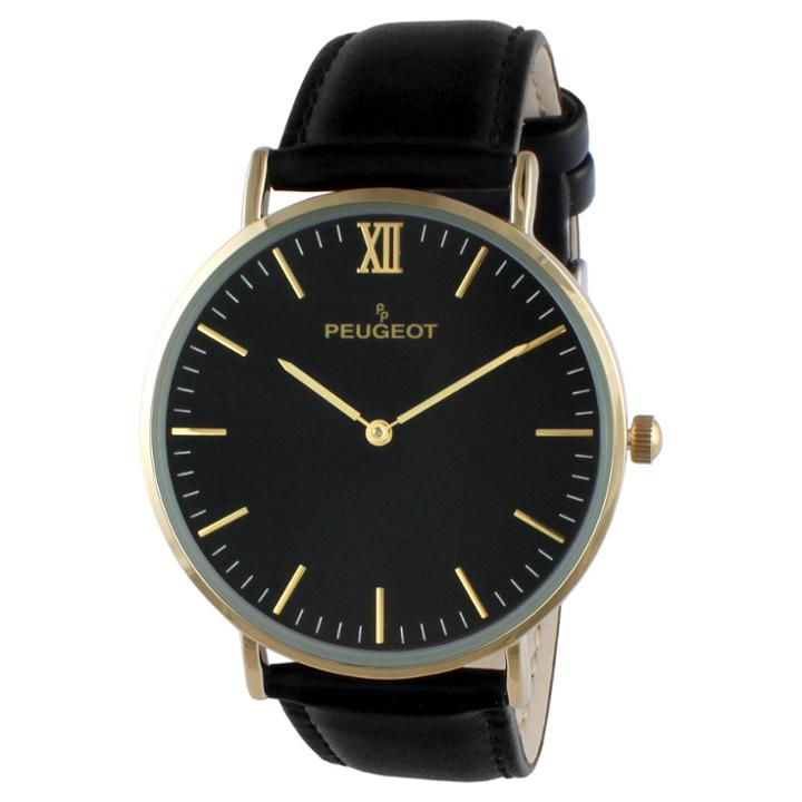 Peugeot Watches Peugeot Super Slim 14k Gold Plated Genuine Leather Band Sheffield Watch - Black,