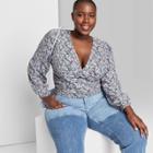 Women's Plus Size Long Sleeve V-neck Cinched Front Top - Wild Fable Gray Floral