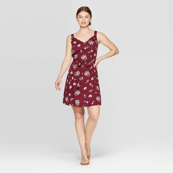 Women's Floral Print Sleeveless V-neck Woven Dress - A New Day Burgundy