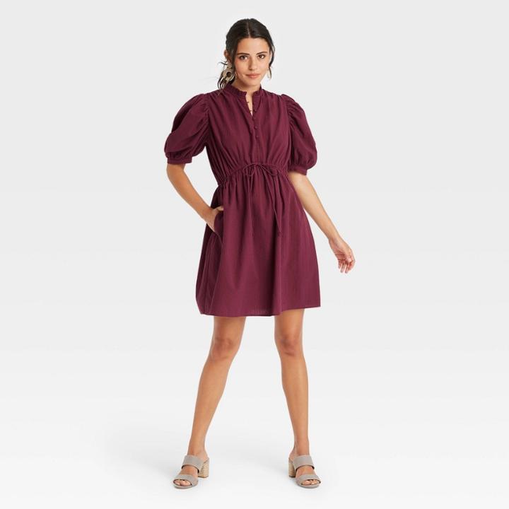 Women's Puff Elbow Sleeve Seersucker Dress - A New Day Burgundy
