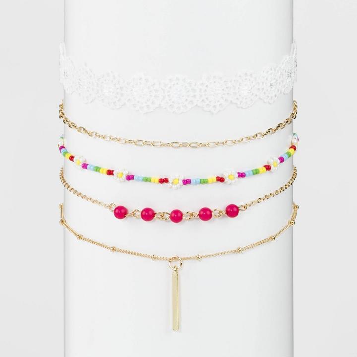 Layered Flower Seed Bead And Bar Charm Pendant Necklace - Wild Fable Gold, Women's