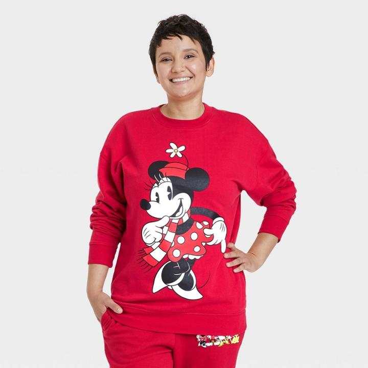 Women's Disney Mickey And Friends Family Holiday Graphic Sweatshirt - Red
