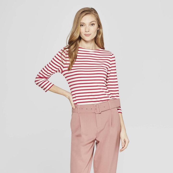 Women's Striped 3/4 Sleeve Clean Boat Neck T-shirt - A New Day Pink/white