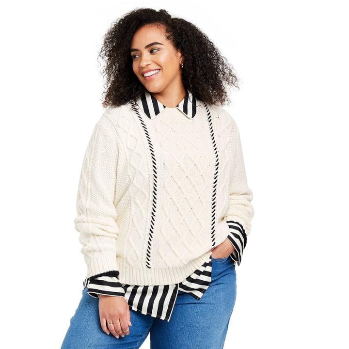 Women's Plus Size Cableknit Whipstich Stripe Crewneck Sweater - La Ligne X Target Cream/black