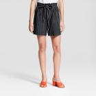 Women's Striped Tie Waist Linen Shorts - A New Day Black/cream