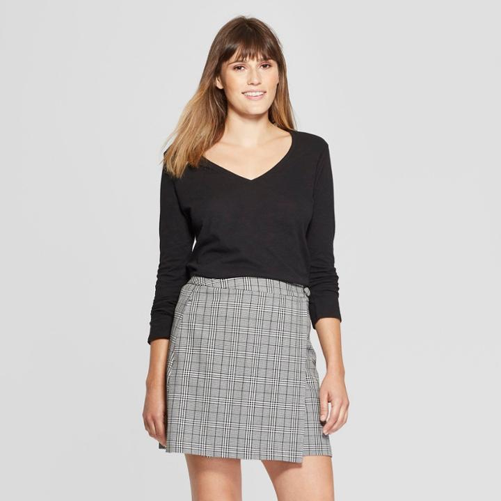 Women's Slim Fit Long Sleeve Vintage V-neck T-shirt - A New Day Black