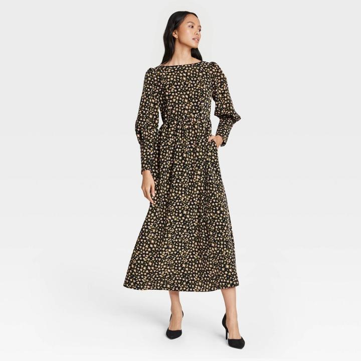 Women's Leopard Print Puff Long Sleeve Dress - Who What Wear Brown