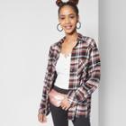 Women's Long Sleeve Button-down Oversized Plaid Shirt - Wild Fable Cognac