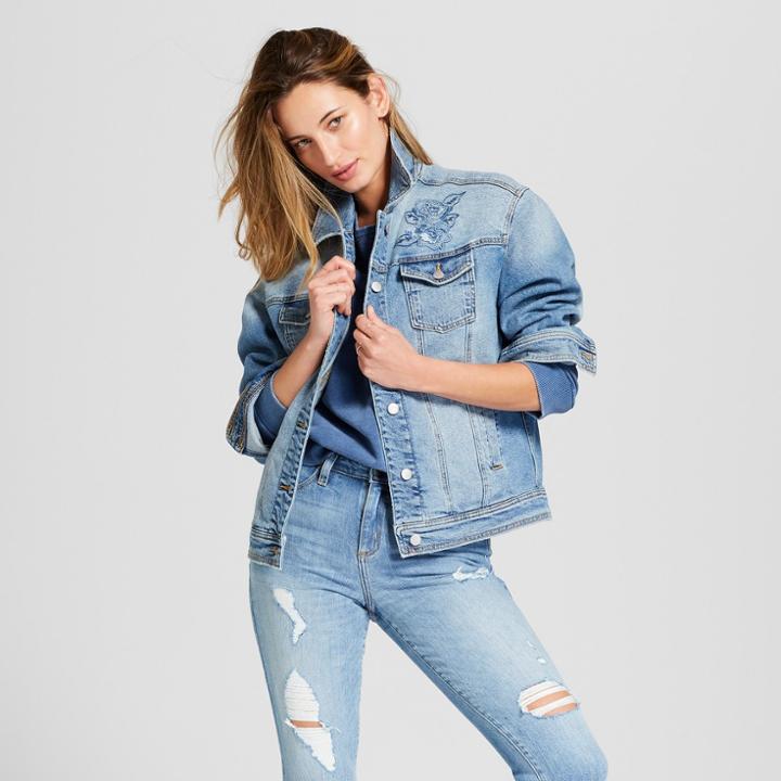 Women's Embroidered Denim Trucker Jacket - Universal Thread Light Wash