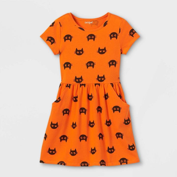 Girls' 'halloween Cat' Printed Knit Short Sleeve Dress - Cat & Jack Orange/black
