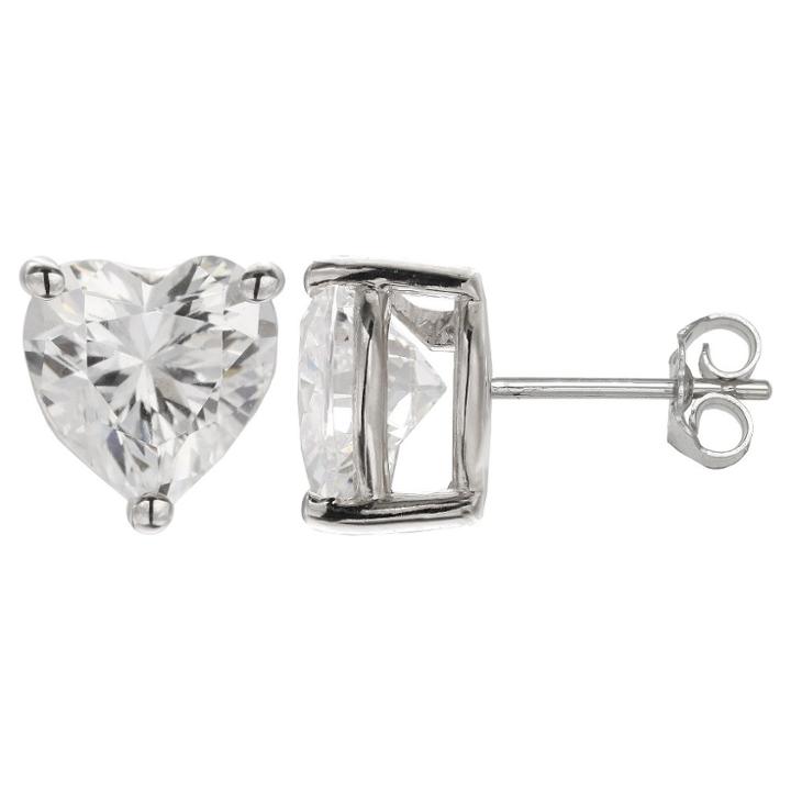 Treasure Lockets Women's Sterling Silver Heart Cut Cubic Zirconia Prong Set Stud Earrings - Clear