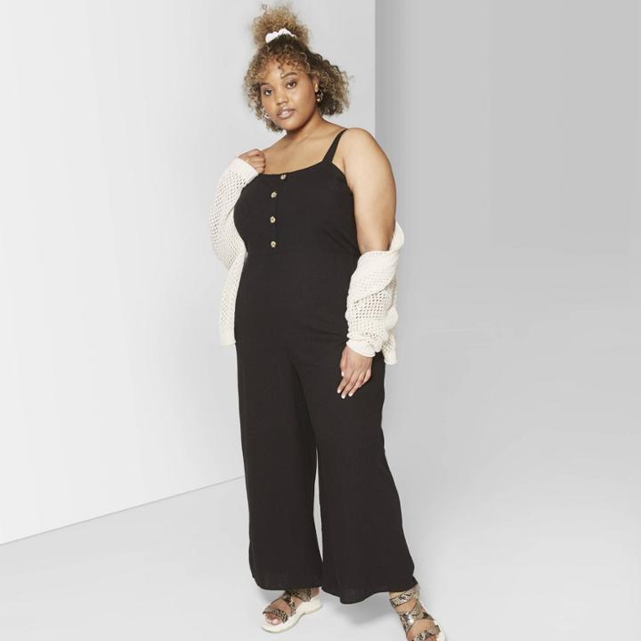 Women's Plus Size Strappy Square Neck Button Front Romper - Wild Fable Black