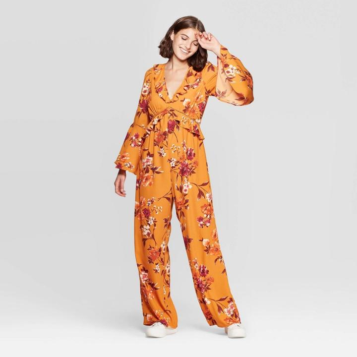 Women's Floral Print Long Bell Sleeve V-neck Ruffle Jumpsuit - Xhilaration Mustard Xs, Women's, Yellow