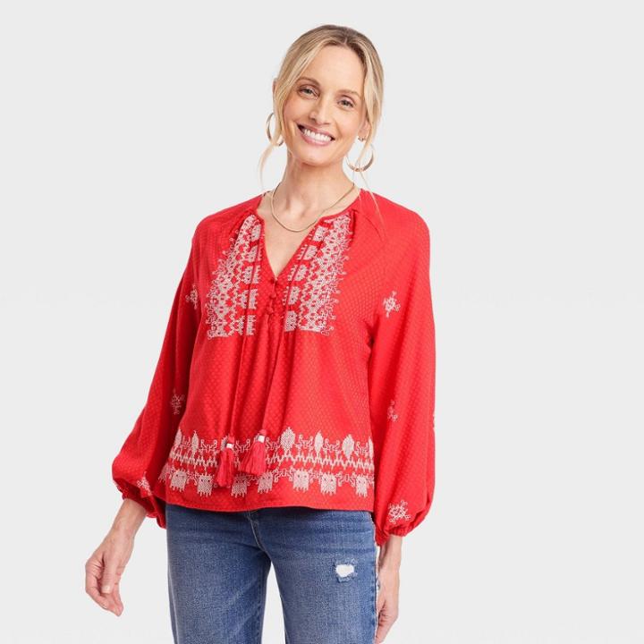 Women's Long Sleeve Embroidered Top - Knox Rose Red