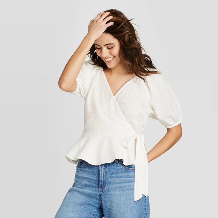 Women's Short Sleeve Wrap Top - Universal Thread White