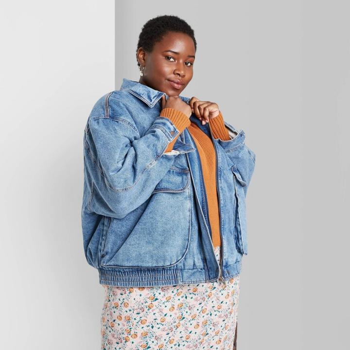 Women's Plus Size Sherpa Lined Trucker Denim Jacket - Wild Fable Medium Wash