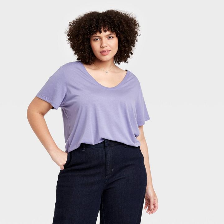 Women's Plus Size Short Sleeve V-neck T-shirt - A New Day Dark Purple