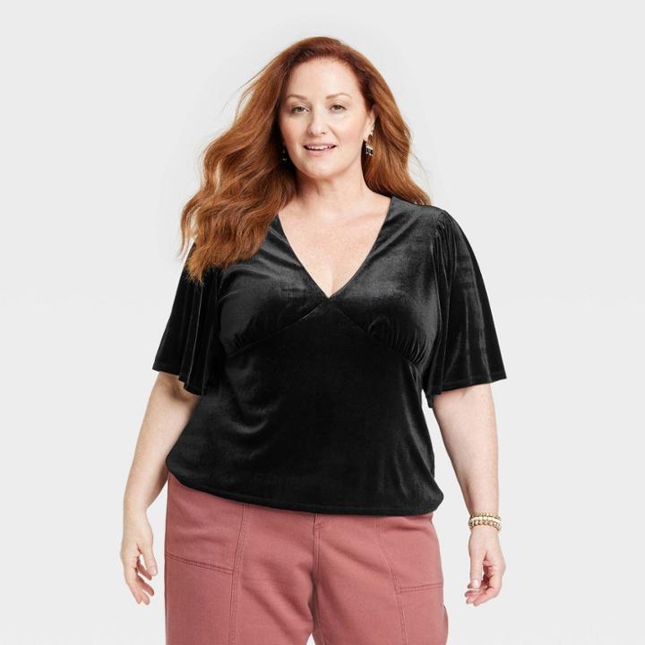 Women's Plus Size Elbow Sleeve Velvet Blouse - Knox Rose Black
