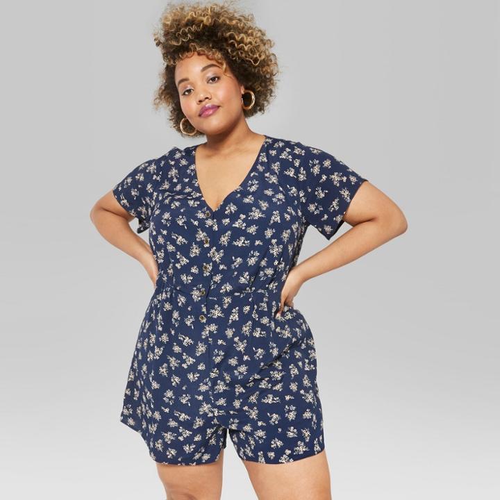 Women's Plus Size Floral Print Short Sleeve Button Front Romper - Wild Fable Navy