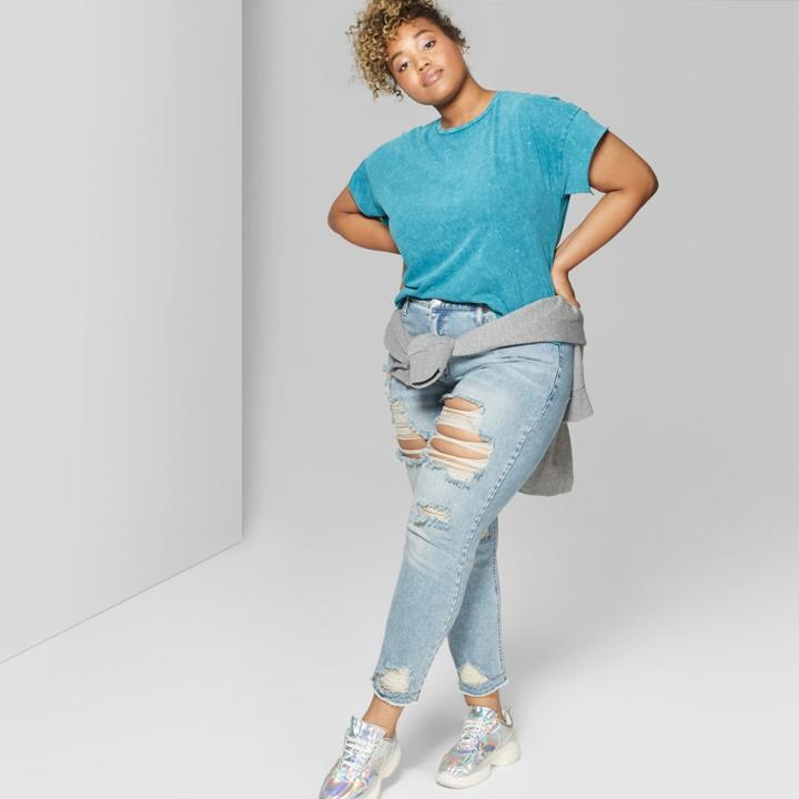 Plus Size Women's Plus Sized Oversized Short Sleeve Crew Neck Washed Dolman T-shirt - Wild Fable Teal
