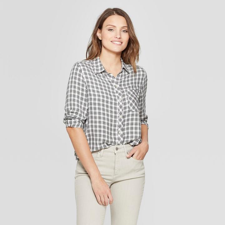 Target Women's Long Sleeve Plaid Shirt - Universal Thread Gray