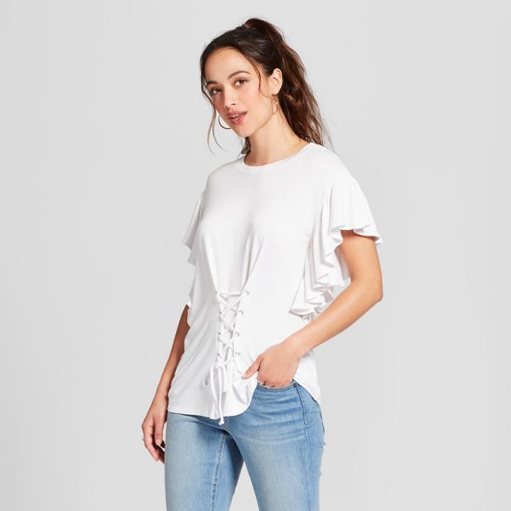 Women's Short Angel Sleeve Corset T-shirt - Como Black - White