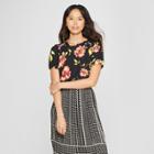 Women's Floral Print Short Sleeve Boxy Ruffle T-shirt - Who What Wear Black Xs, Black Floral