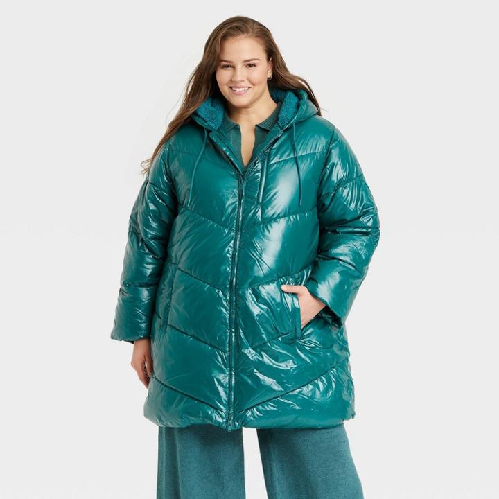 Women's Plus Size Mid Length Puffer Jacket - A New Day Teal 2x, Turquoise Blue
