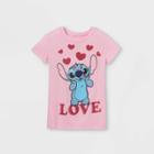 Disney Girls' Stitch 'love' Short Sleeve T-shirt - Pink