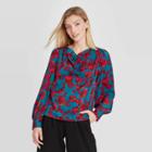 Women's Floral Print Long Sleeve Blouse - A New Day Teal/pink
