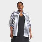 Women's Plus Size Long Sleeve Oversized Button-down Shirt - A New Day Navy/white