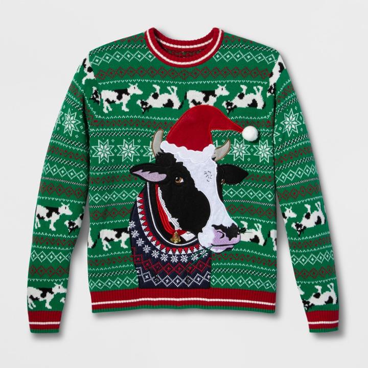 33 Degrees Men's Ugly Christmas Cow Long Sleeve Pullover Sweater - Green